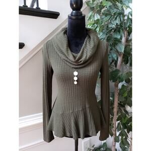 Maeve by Anthropologie Sweater Womens XS Green Cowl Neck Ribbed Peplum Hem